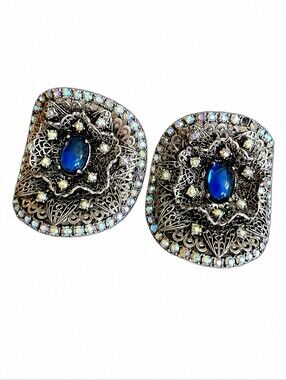 Antique MUSI Filigree Rhinestone Cabochon Gothic Shoe Clips
